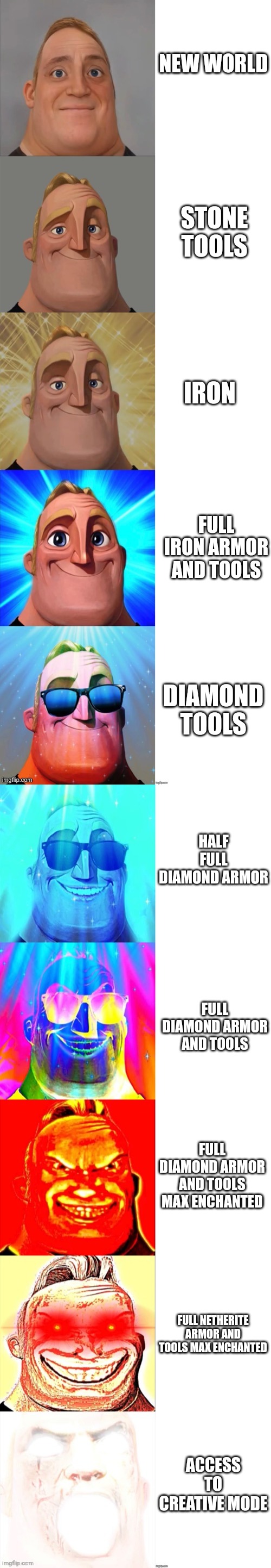 Mr Incredible Becoming Canny | NEW WORLD; STONE TOOLS; IRON; FULL IRON ARMOR AND TOOLS; DIAMOND TOOLS; HALF FULL DIAMOND ARMOR; FULL DIAMOND ARMOR AND TOOLS; FULL DIAMOND ARMOR AND TOOLS MAX ENCHANTED; FULL NETHERITE ARMOR AND TOOLS MAX ENCHANTED; ACCESS TO CREATIVE MODE | image tagged in mr incredible becoming canny | made w/ Imgflip meme maker