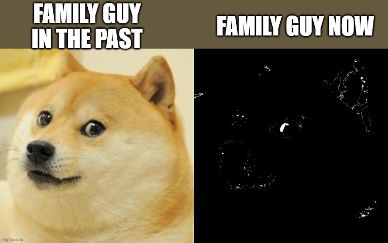 Doge becomes uncanny | FAMILY GUY NOW; FAMILY GUY IN THE PAST | image tagged in doge becomes uncanny | made w/ Imgflip meme maker