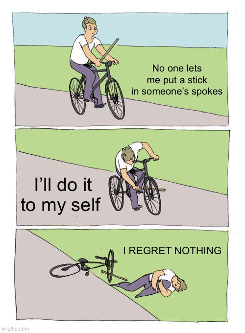Regret | No one lets me put a stick in someone’s spokes; I’ll do it to my self; I REGRET NOTHING | image tagged in memes,bike fall | made w/ Imgflip meme maker