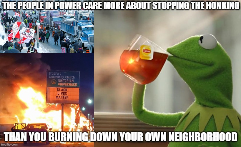 10 day ban on honking in Ottawa | THE PEOPLE IN POWER CARE MORE ABOUT STOPPING THE HONKING; THAN YOU BURNING DOWN YOUR OWN NEIGHBORHOOD | image tagged in ottawa,black lives matter,memes,but that's none of my business | made w/ Imgflip meme maker