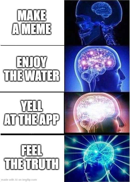 Expanding Brain Meme | MAKE A MEME; ENJOY THE WATER; YELL AT THE APP; FEEL THE TRUTH | image tagged in memes,expanding brain | made w/ Imgflip meme maker