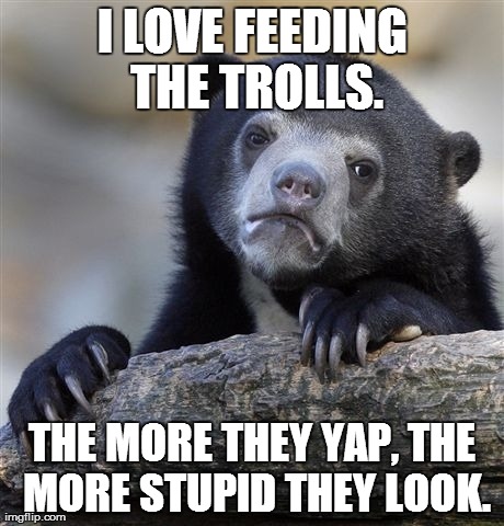 Confession Bear | I LOVE FEEDING THE TROLLS. THE MORE THEY YAP, THE MORE STUPID THEY LOOK. | image tagged in memes,confession bear | made w/ Imgflip meme maker