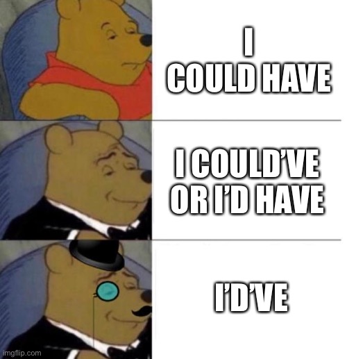 Tuxedo Winnie the Pooh (3 panel) | I COULD HAVE; I COULD’VE OR I’D HAVE; I’D’VE | image tagged in tuxedo winnie the pooh 3 panel | made w/ Imgflip meme maker