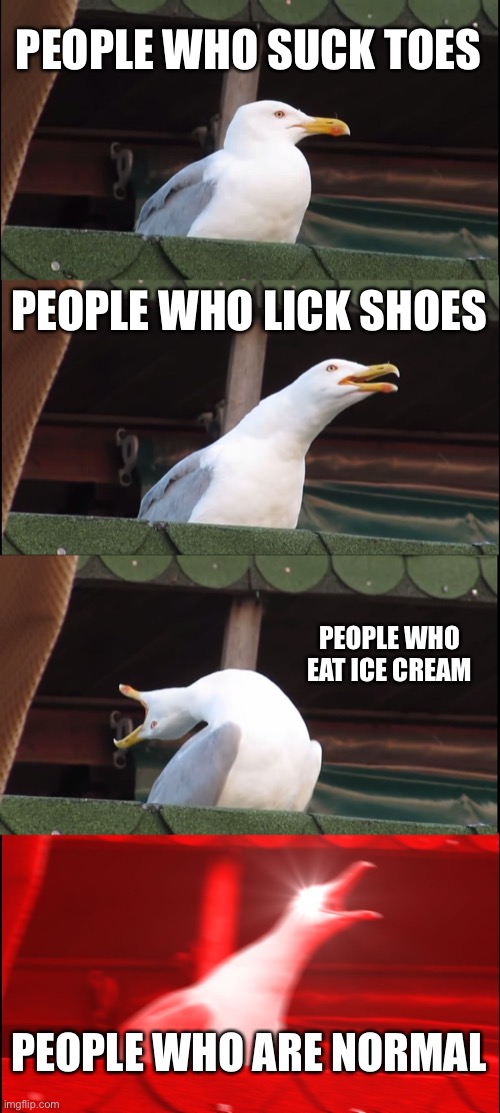 Expect the unexpected | PEOPLE WHO SUCK TOES; PEOPLE WHO LICK SHOES; PEOPLE WHO EAT ICE CREAM; PEOPLE WHO ARE NORMAL | image tagged in memes,inhaling seagull | made w/ Imgflip meme maker