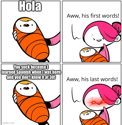 Lol | Hola; You suck because I learned Spanish when I was born and you don’t know it at 30! | image tagged in aww his last words | made w/ Imgflip meme maker