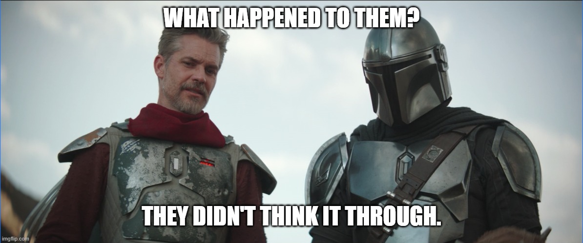 Cobb and Mando | WHAT HAPPENED TO THEM? THEY DIDN'T THINK IT THROUGH. | image tagged in the mandalorian | made w/ Imgflip meme maker