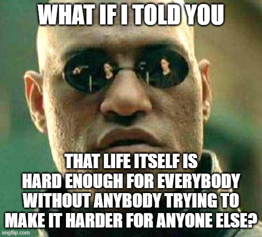 Don't Try To Be A Hardass, Only To Succeed At Being A Dumbass | WHAT IF I TOLD YOU; THAT LIFE ITSELF IS HARD ENOUGH FOR EVERYBODY WITHOUT ANYBODY TRYING TO MAKE IT HARDER FOR ANYONE ELSE? | image tagged in what if i told you,life is hard,hard times,hard work,dumbass,mean | made w/ Imgflip meme maker