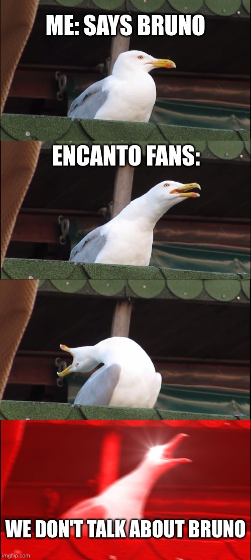 a | ME: SAYS BRUNO; ENCANTO FANS:; WE DON'T TALK ABOUT BRUNO | image tagged in memes,inhaling seagull | made w/ Imgflip meme maker