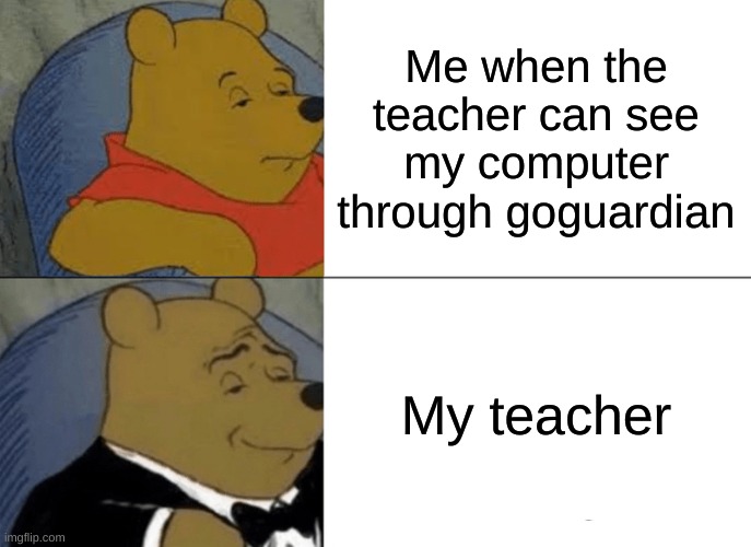 Tuxedo Winnie The Pooh Meme | Me when the teacher can see my computer through goguardian; My teacher | image tagged in memes,tuxedo winnie the pooh | made w/ Imgflip meme maker