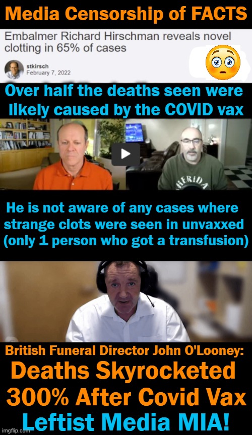 Reality is Not Conspiracy as COVID vaxxes are likely killing massive numbers of people.... | Media Censorship of FACTS; Over half the deaths seen were 

likely caused by the COVID vax; He is not aware of any cases where  
strange clots were seen in unvaxxed 
(only 1 person who got a transfusion); British Funeral Director John O'Looney:; Deaths Skyrocketed 
300% After Covid Vax; Leftist Media MIA! | image tagged in politics,covid jabs,media mia,facts,medical tyranny,leftist agenda | made w/ Imgflip meme maker