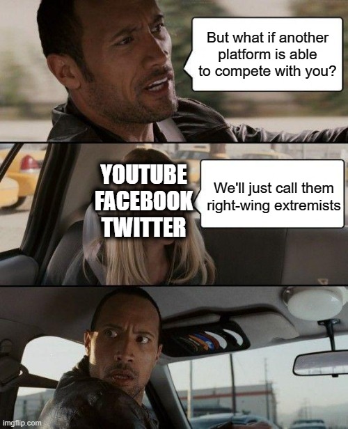 How the powerful stay powerful | But what if another platform is able to compete with you? YOUTUBE
FACEBOOK
TWITTER; We'll just call them right-wing extremists | image tagged in memes,the rock driving | made w/ Imgflip meme maker