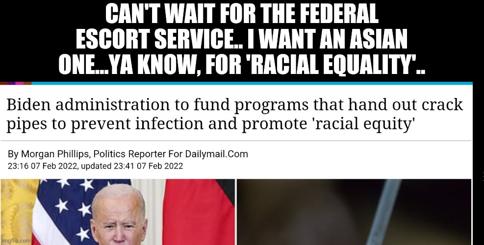 CAN'T WAIT FOR THE FEDERAL ESCORT SERVICE.. I WANT AN ASIAN ONE...YA KNOW, FOR 'RACIAL EQUALITY'.. | image tagged in joe biden | made w/ Imgflip meme maker