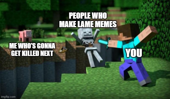 I'm lame | PEOPLE WHO MAKE LAME MEMES; ME WHO'S GONNA GET KILLED NEXT; YOU | image tagged in minecraft swordsman | made w/ Imgflip meme maker