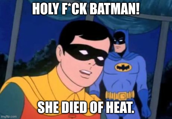 Holy _______, Batman! | HOLY F*CK BATMAN! SHE DIED OF HEAT. | image tagged in holy _______ batman | made w/ Imgflip meme maker