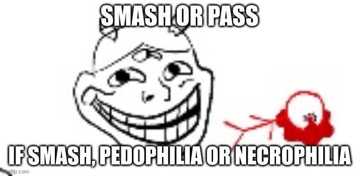 IDIOTROLL | SMASH OR PASS; IF SMASH, PEDOPHILIA OR NECROPHILIA | image tagged in idiotroll | made w/ Imgflip meme maker