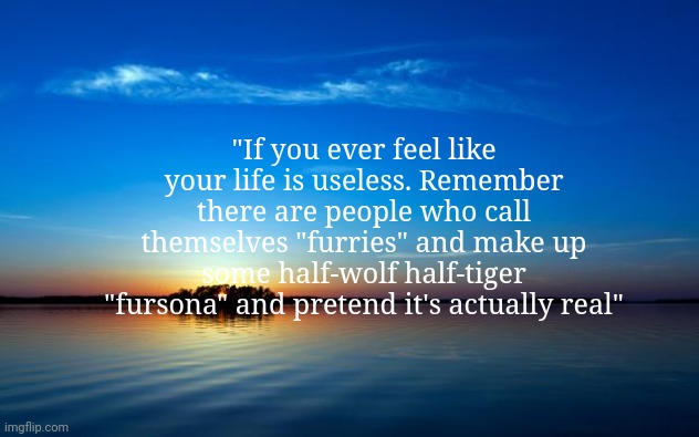 Quote of the day | "If you ever feel like your life is useless. Remember there are people who call themselves "furries" and make up some half-wolf half-tiger "fursona" and pretend it's actually real" | image tagged in inspirational quote | made w/ Imgflip meme maker