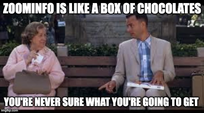 forrest gump box of chocolates | ZOOMINFO IS LIKE A BOX OF CHOCOLATES; YOU'RE NEVER SURE WHAT YOU'RE GOING TO GET | image tagged in forrest gump box of chocolates | made w/ Imgflip meme maker