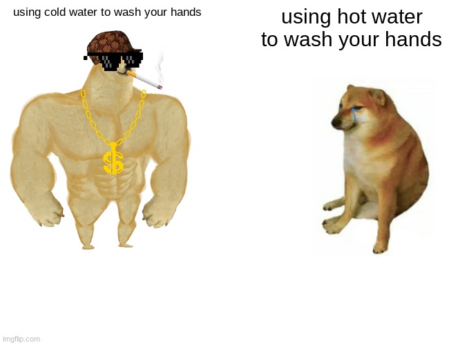 Buff Doge vs. Cheems | using cold water to wash your hands; using hot water to wash your hands | image tagged in memes,buff doge vs cheems | made w/ Imgflip meme maker
