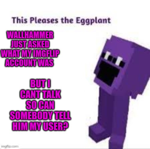 WALLHAMMER, LOOK AT THIS | WALLHAMMER JUST ASKED WHAT MY IMGFLIP ACCOUNT WAS; BUT I CANT TALK SO CAN SOMEBODY TELL HIM MY USER? | image tagged in this pleases the eggplant | made w/ Imgflip meme maker