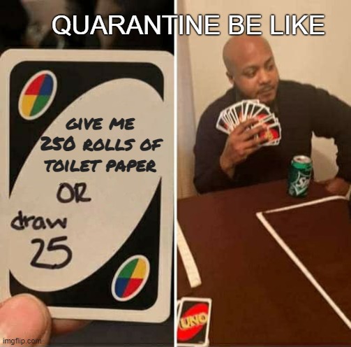 Quarantine be like | QUARANTINE BE LIKE; give me 250 rolls of toilet paper | image tagged in memes | made w/ Imgflip meme maker
