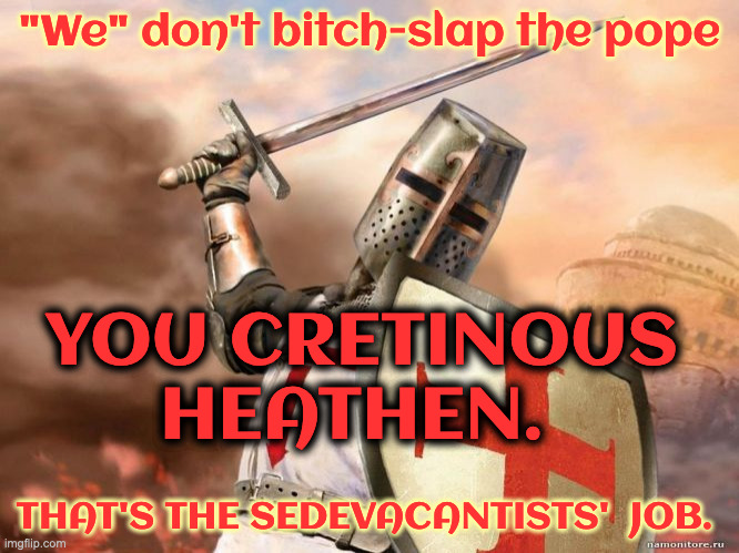 "We" don't bitch-slap the pope THAT'S THE SEDEVACANTISTS'  JOB. YOU CRETINOUS HEATHEN. | made w/ Imgflip meme maker