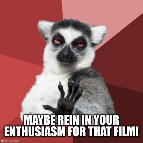 Chill Out Lemur Meme | MAYBE REIN IN YOUR ENTHUSIASM FOR THAT FILM! | image tagged in memes,chill out lemur | made w/ Imgflip meme maker