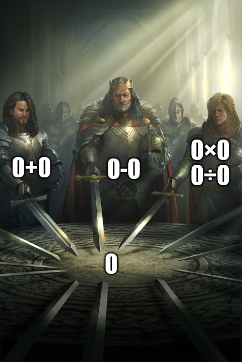 Swords united | 0-0; 0+0; 0×0 0÷0 | image tagged in swords united | made w/ Imgflip meme maker