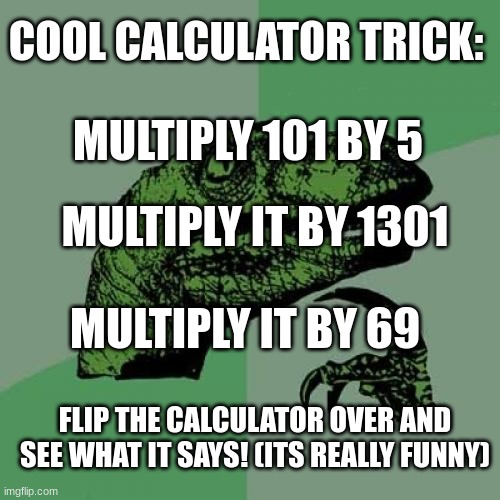 Philosoraptor | COOL CALCULATOR TRICK:; MULTIPLY 101 BY 5; MULTIPLY IT BY 1301; MULTIPLY IT BY 69; FLIP THE CALCULATOR OVER AND SEE WHAT IT SAYS! (ITS REALLY FUNNY) | image tagged in memes,philosoraptor | made w/ Imgflip meme maker