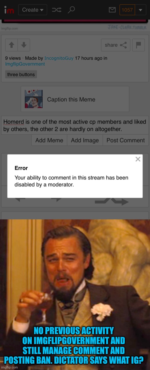 Why does he call it a second ip but bans ip users. It’s a stream for cp and member dp’ing | NO PREVIOUS ACTIVITY ON IMGFLIPGOVERNMENT AND STILL MANAGE COMMENT AND POSTING BAN. DICTATOR SAYS WHAT IG? | image tagged in memes,laughing leo | made w/ Imgflip meme maker