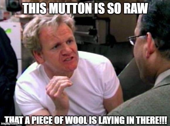 raw mutton | THIS MUTTON IS SO RAW; THAT A PIECE OF WOOL IS LAYING IN THERE!!! | image tagged in gordon ramsay,memes | made w/ Imgflip meme maker