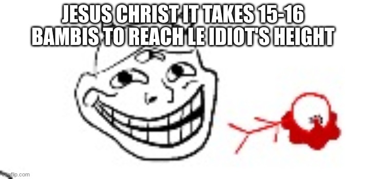 IDIOTROLL | JESUS CHRIST IT TAKES 15-16 BAMBIS TO REACH LE IDIOT'S HEIGHT | image tagged in idiotroll | made w/ Imgflip meme maker