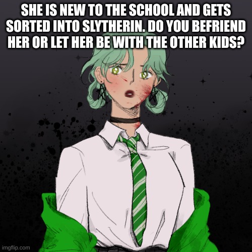 preferably harry potter OCs and you can include real charecters in the rp. (george and fred, ron, harry, draco , etc..) no joke  | SHE IS NEW TO THE SCHOOL AND GETS SORTED INTO SLYTHERIN. DO YOU BEFRIEND HER OR LET HER BE WITH THE OTHER KIDS? | made w/ Imgflip meme maker