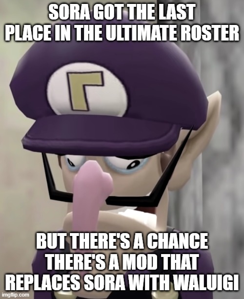 Sad Waluigi | SORA GOT THE LAST PLACE IN THE ULTIMATE ROSTER; BUT THERE'S A CHANCE THERE'S A MOD THAT REPLACES SORA WITH WALUIGI | image tagged in sad waluigi | made w/ Imgflip meme maker