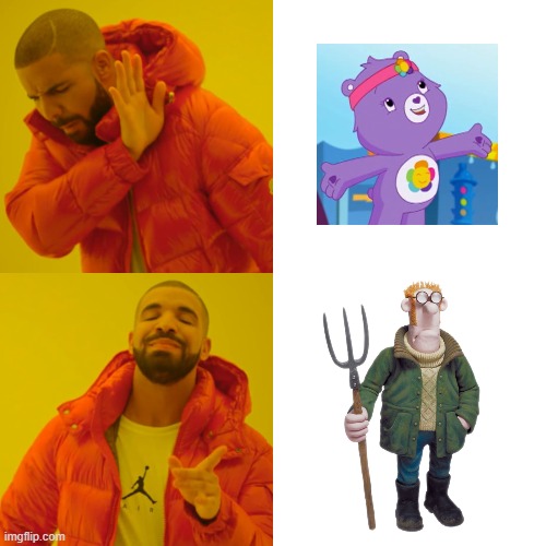I still like Shaun the Sheep and hate Care Bears | image tagged in memes,drake hotline bling,bevis,care bears,shaun the sheep | made w/ Imgflip meme maker