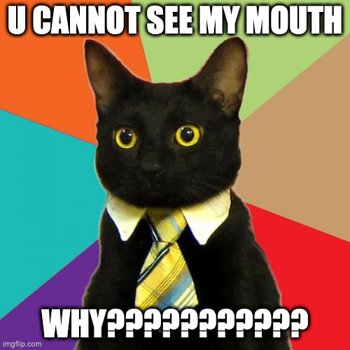 Mouth Cat | U CANNOT SEE MY MOUTH; WHY??????????? | image tagged in memes,business cat,mouth,cat | made w/ Imgflip meme maker