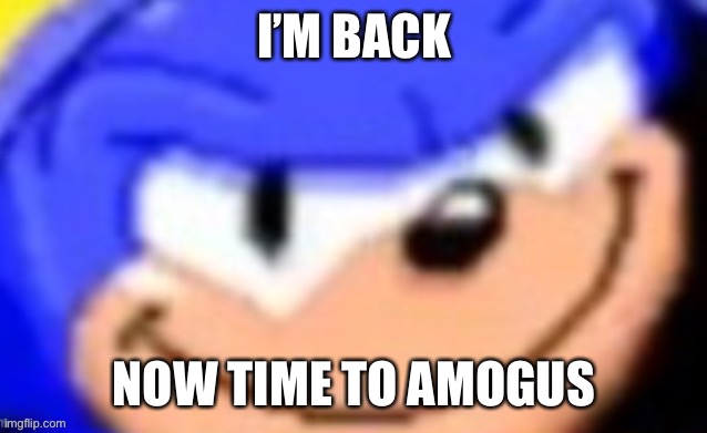 Sonic smile | I’M BACK; NOW TIME TO AMOGUS | image tagged in sonic smile | made w/ Imgflip meme maker