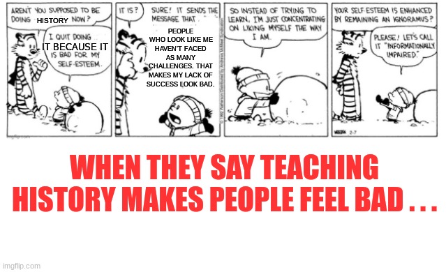 Sorry, poor image quality | HISTORY; PEOPLE WHO LOOK LIKE ME HAVEN'T FACED AS MANY CHALLENGES. THAT MAKES MY LACK OF SUCCESS LOOK BAD. IT BECAUSE IT; WHEN THEY SAY TEACHING HISTORY MAKES PEOPLE FEEL BAD . . . | image tagged in calvin quit,crt,history,success | made w/ Imgflip meme maker