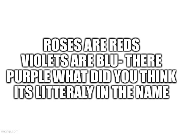 Just tryna fix the situation | ROSES ARE REDS
VIOLETS ARE BLU- THERE PURPLE WHAT DID YOU THINK ITS LITTERALY IN THE NAME | image tagged in blank white template | made w/ Imgflip meme maker