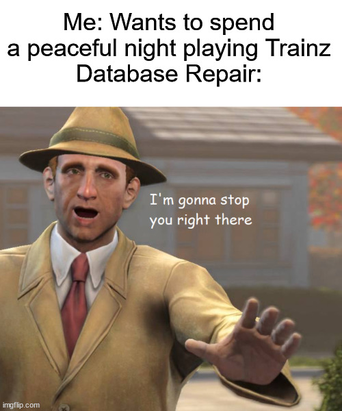 im gonna stop you right there | Me: Wants to spend a peaceful night playing Trainz
Database Repair: | image tagged in im gonna stop you right there | made w/ Imgflip meme maker