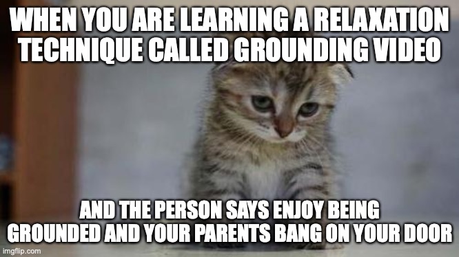 Sad kitten | WHEN YOU ARE LEARNING A RELAXATION TECHNIQUE CALLED GROUNDING VIDEO; AND THE PERSON SAYS ENJOY BEING GROUNDED AND YOUR PARENTS BANG ON YOUR DOOR | image tagged in sad kitten | made w/ Imgflip meme maker