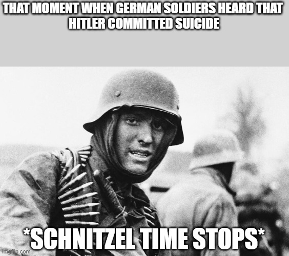 *schnitzel time stops* meme 2 | THAT MOMENT WHEN GERMAN SOLDIERS HEARD THAT 
HITLER COMMITTED SUICIDE; *SCHNITZEL TIME STOPS* | image tagged in hans the german | made w/ Imgflip meme maker