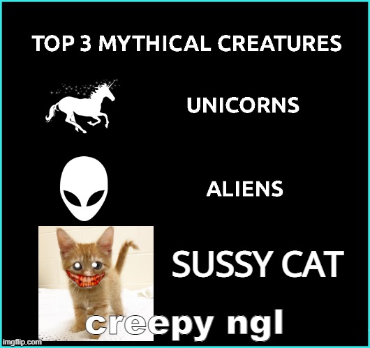 TOP 3 mythical creatures | SUSSY CAT; creepy ngl | image tagged in top 3 mythical creatures | made w/ Imgflip meme maker