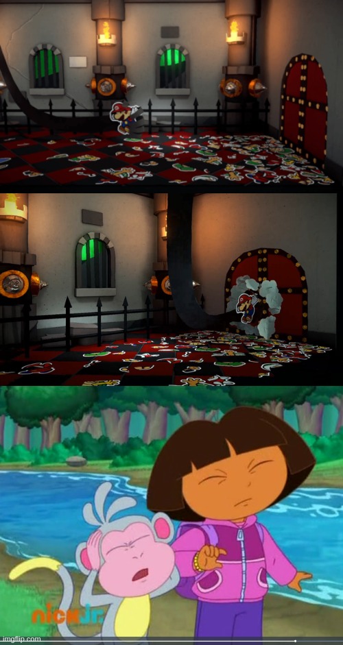 Dora & Boots Encounter Handaconda (Shadowy Hand) | image tagged in boots covering his ears,dora the explorer,paper mario the origami king | made w/ Imgflip meme maker