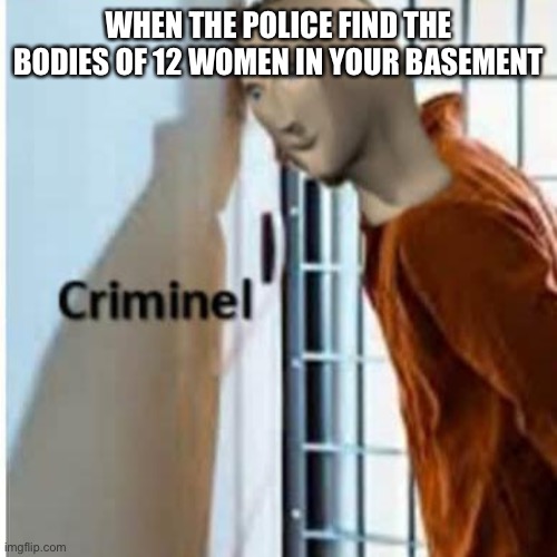 criminel | WHEN THE POLICE FIND THE BODIES OF 12 WOMEN IN YOUR BASEMENT | image tagged in criminel | made w/ Imgflip meme maker