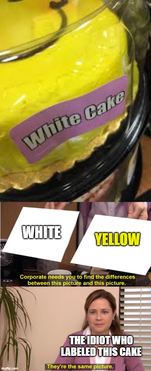 yellow is not white | WHITE; YELLOW; THE IDIOT WHO LABELED THIS CAKE | image tagged in memes,they're the same picture | made w/ Imgflip meme maker
