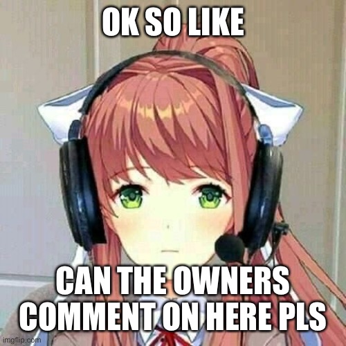 monika gaming | OK SO LIKE; CAN THE OWNERS COMMENT ON HERE PLS | image tagged in monika gaming | made w/ Imgflip meme maker