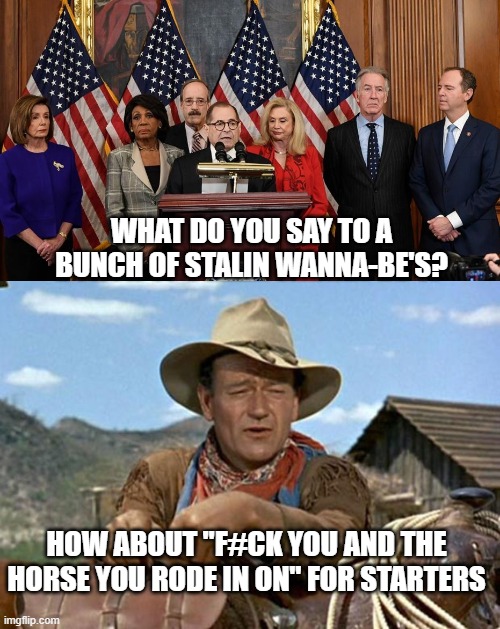 WHAT DO YOU SAY TO A BUNCH OF STALIN WANNA-BE'S? HOW ABOUT "F#CK YOU AND THE HORSE YOU RODE IN ON" FOR STARTERS | image tagged in house democrats,john wayne | made w/ Imgflip meme maker