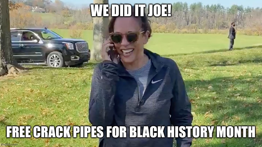 Kamala to Joe | WE DID IT JOE! FREE CRACK PIPES FOR BLACK HISTORY MONTH | image tagged in kamala to joe | made w/ Imgflip meme maker