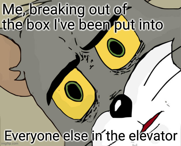 Packt Like Sardines In a Crushd Tin Box | Me, breaking out of the box I've been put into; Everyone else in the elevator | image tagged in memes,unsettled tom | made w/ Imgflip meme maker
