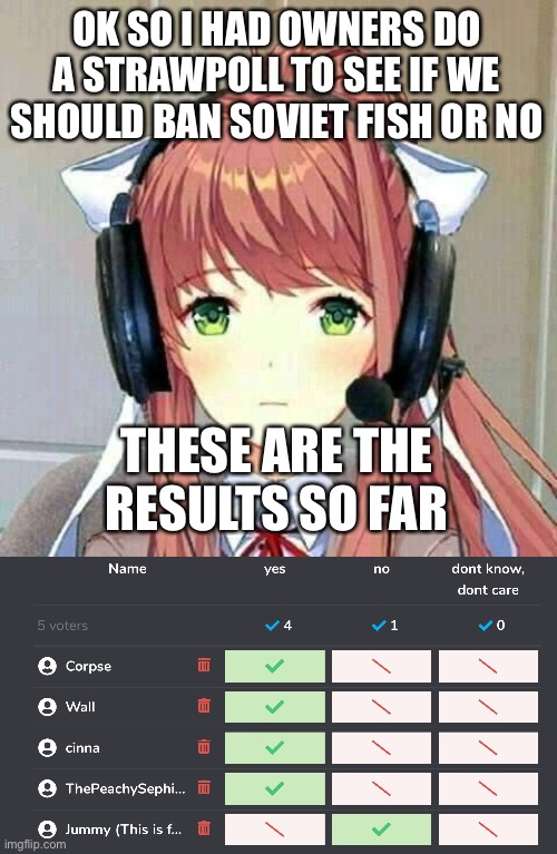 my vote is for Nar bcuz she cant do Strawpoll rn | OK SO I HAD OWNERS DO A STRAWPOLL TO SEE IF WE SHOULD BAN SOVIET FISH OR NO; THESE ARE THE RESULTS SO FAR | image tagged in monika gaming | made w/ Imgflip meme maker